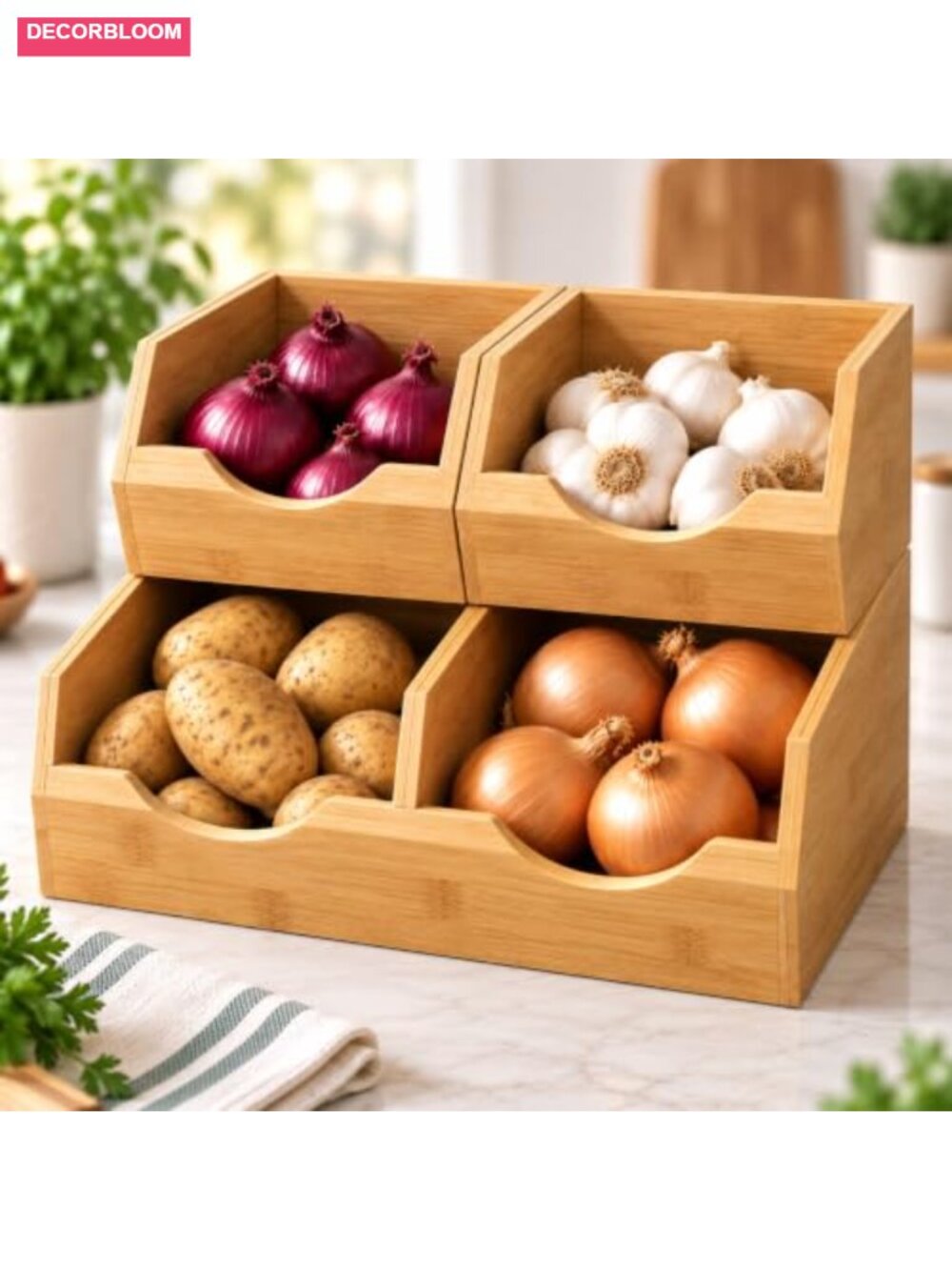 Bamboo Stackable Pantry Storage Bins Set 3 Piece Potato Onion Kitchen Organizer